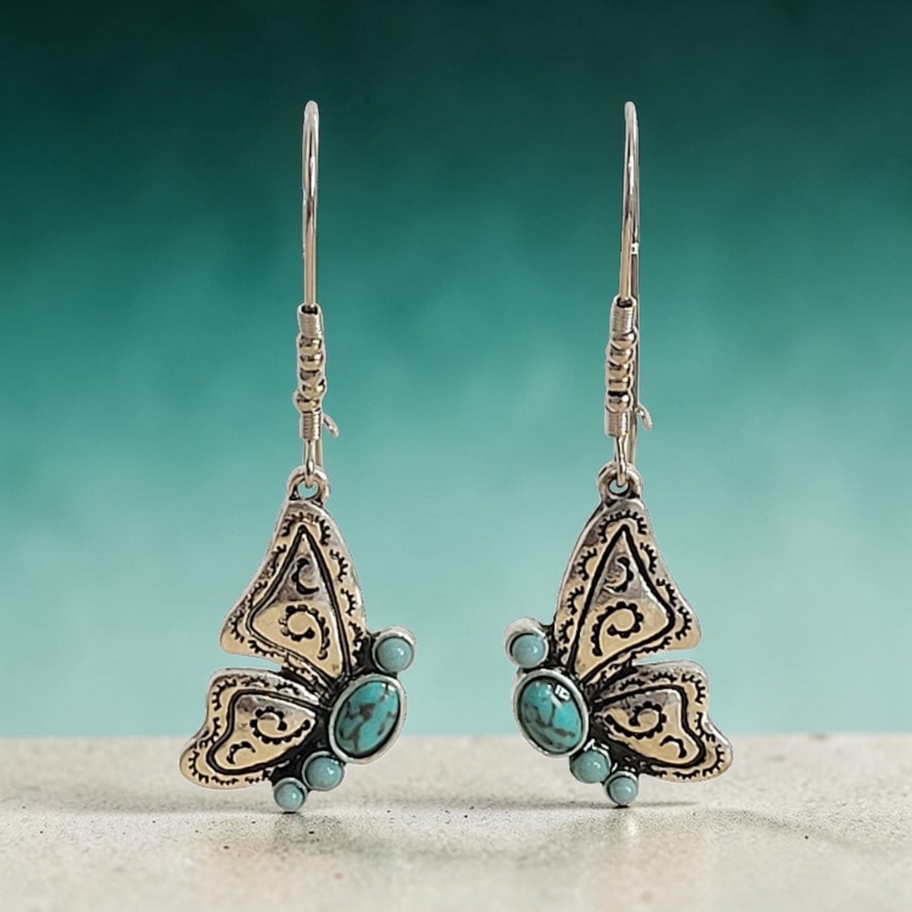 Hand Crafted Butterfly Dangle Earrings 2" Long with Turquoise Accents